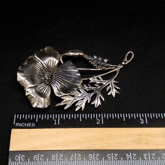 Vintage Signed Silver Plated Flower Brooch & Pendant, Large Floral Pin - Picture 7 of 10